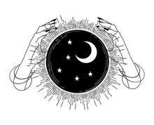 Two Female Hands Are Holding A Magic Ball, Vector Hand Illustration Isolated On White Background. Boho Illustration For Tarot, Astrology, Predicting The Future. The Concept Of Magic And The Occult.