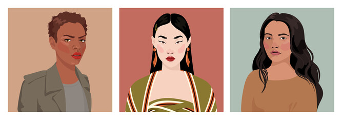 Wall Mural - Set of portraits of women of different gender and age. Diversity. Vector flat illustration. Avatar for a social network.  flat illustration