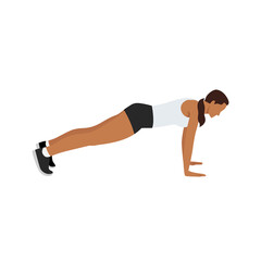 Wall Mural - Woman doing plank. abdominals exercise flat vector illustration isolated on white background