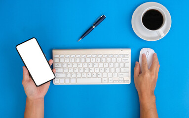 Poster - Top view office table desk. Workspace with laptop, office supplies, pencil, banner, businesswoman or manager using laptop computer, working in office, internet marketing, office workplace