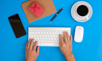 Poster - Top view office table desk. Workspace with laptop, office supplies, pencil, banner, businesswoman or manager using laptop computer, working in office, internet marketing, office workplace