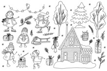 Set With Funny Snowmen, Snow Trees, House And Christmas Decorations. Doodle Hand Drawn Illustration Isolated On White. Black Outline. Great For Coloring Books. Cozy Winter Design.