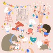 Cartoon Set with Cute Animals getting ready for Easter,painting,Handiwork