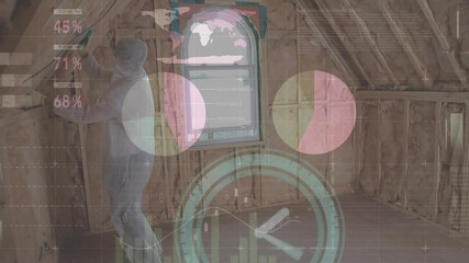 Poster - Animation of clock, statistics and data processing over man insulating house