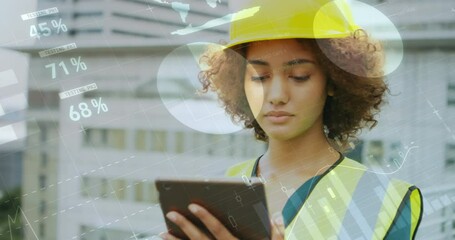 Poster - Animation of statistics processing over female architect using tablet at construction site