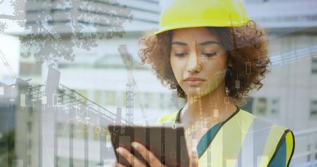 Poster - Animation of statistics processing over female architect using tablet at construction site