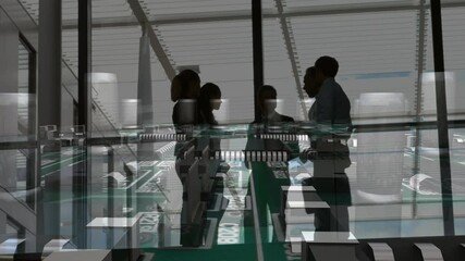 Poster - Animation of office building over business people talking in modern office