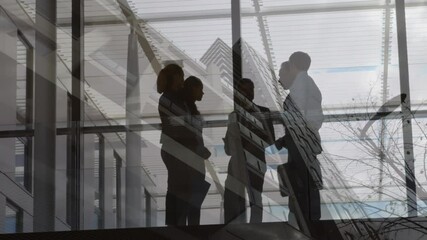 Poster - Animation of office building over business people talking in modern office