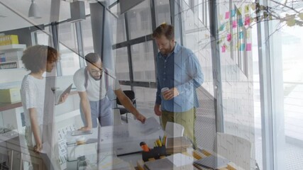 Poster - Animation of office building over business people talking in modern office