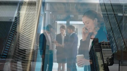 Poster - Animation of office building over business people talking in modern office