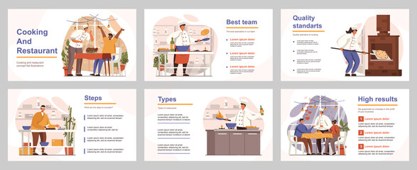 Aufkleber - Cooking and restaurant concept for presentation slide template. People work in kitchen, chefs cook pizza or meals, waiters serve to customers. Vector illustration with flat persons for layout design