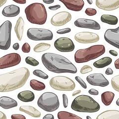 Fototapete - Seamless stone pattern. Endless rock background with repeating pebbles print. Masonry texture. Repeatable design with boulder fragments and pieces. Hand-drawn vector illustration for decoration