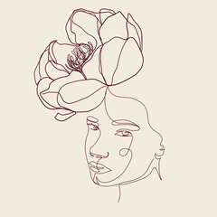 Wall Mural - One Continuous Line Woman Portrait With Flower And Butterfly. Minimalism Trendy Style. Hand Drawn Vector Illustration. 