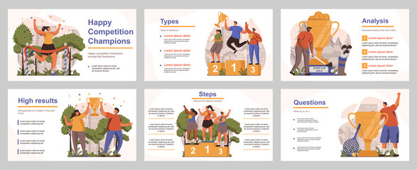 Happy competition champions concept for presentation slide template. People athletes winning first places, receive trophies and celebrate. Vector illustration with flat persons for layout design