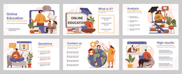 Online education concept for presentation slide template. People learning from video lessons, watch seminars, students training at webinars. Vector illustration with flat persons for layout design