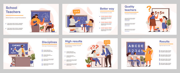 Fototapete - School teachers concept for presentation slide template. People teach different lessons, explaining teaching material to pupils in classroom. Vector illustration with flat persons for layout design