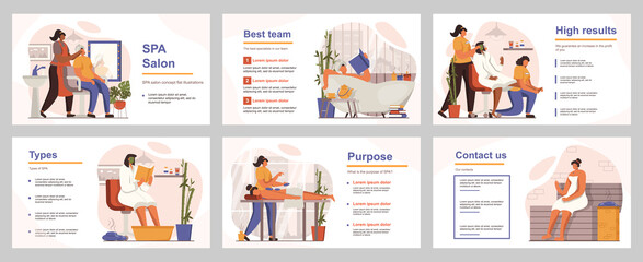 Leinwandbilder - Spa salon concept for presentation slide template. People receive body massages, facial masks at beautician and other treatments for face skin. Vector illustration with flat persons for layout design