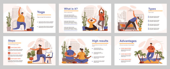 Aufkleber - Yoga training concept for presentation slide template. People perform yoga asanas, relaxing and meditation, wellness and healthy lifestyle. Vector illustration with flat persons for layout design