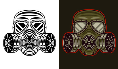 Gas mask or respirator with double filter vector illustration in two styles black on white and colorful on dark background