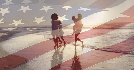 Canvas Print - Animation of flag of united states of america over african american family on beach