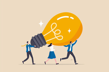 Innovation idea to drive team success, business innovative solution, community or invention help company achieve goal concept, business people teamwork help carry big smart lightbulb innovation idea.