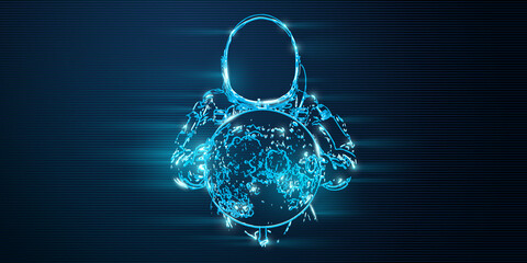 Neon astronaut on the blue background of the moon and space line art. Vector illustration