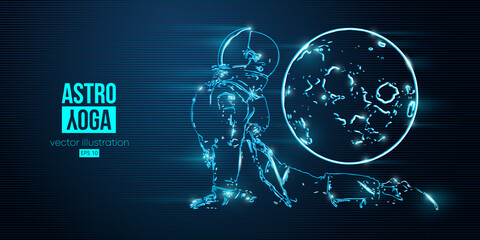 Wall Mural - neon astronaut doing yoga on the blue background of the mars and space. yoga exercises. vector illus