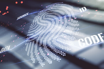 Poster - Multi exposure of virtual graphic fingerprint sketch on abstract metal background, fingerprint scan data concept