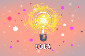 Poster - Creative pink light bulb sketch on blurry bokeh background. Idea, innovation and success concept. 3D Rendering.