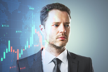 Aufkleber - Portrait of handsome young european man thinking about candlestick forex graph and map on gray background with mock up place. Trade, economy and growth concept. Double exposure.