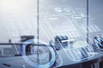 Aufkleber - Multi exposure of abstract statistics data hologram interface on a modern furnished office interior background, computing and analytics concept