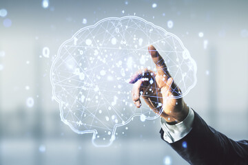 Aufkleber - Double exposure of man hand working with creative human brain microcircuit hologram on blurred office background. Future technology and AI concept