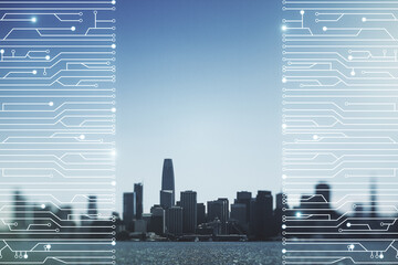 Poster - Abstract virtual microscheme illustration on San Francisco skyline background. Big data and database concept. Multiexposure