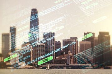 Poster - Multi exposure of abstract creative coding sketch on San Francisco city skyline background, artificial intelligence and neural networks concept