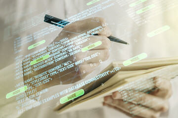 Poster - Multi exposure of abstract graphic coding sketch with man hand writing in diary on background, big data and networking concept