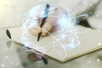 Poster - abstract graphic digital world map with connections and man hand writing in diary on background, glo