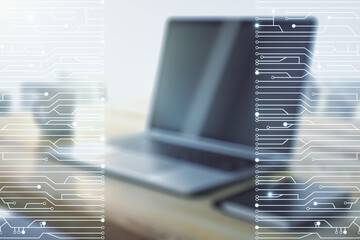 Aufkleber - Creative concept of microscheme illustration and modern desktop with computer on background. Big data and database concept. Multiexposure