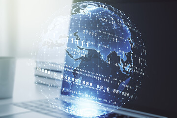 Poster - Abstract creative coding illustration with world map on modern computer background, international software development concept. Multiexposure