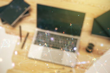 Poster - Creative concept of wireless technology on modern laptop background. Big data and database concept. Multiexposure
