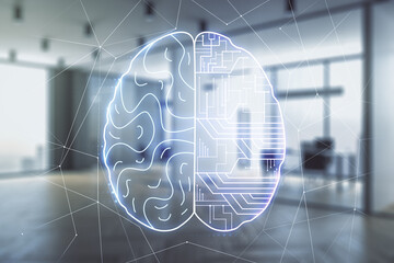 Aufkleber - Double exposure of creative human brain microcircuit hologram on a modern furnished office interior background. Future technology and AI concept