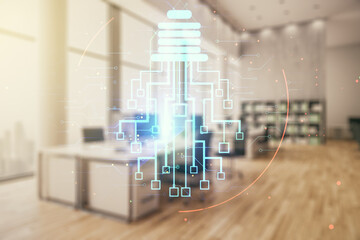 Aufkleber - Virtual creative light bulb illustration with microcircuit on a modern furnished classroom background, future technology concept. Multiexposure