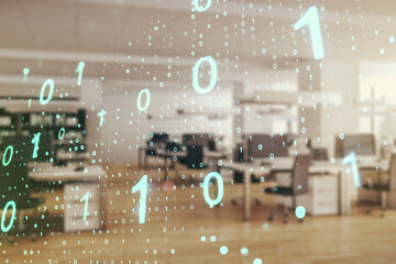 Poster - Abstract virtual binary code sketch on a modern furnished office interior background, hacking and matrix concept. Multiexposure