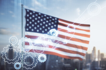 Abstract virtual robotics technology hologram on USA flag and blurry skyscrapers background, artificial intelligence and machine learning concept. Multi exposure