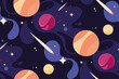 © KurArt - Seamless pattern with planets and comets. Texture with space objects in flat style.