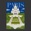 Affiche touristique réaliste d’un paysage parisien avec un bâtiment historique traditionnel, le Sacré cœur, afin de laisser aux touristes un souvenir de Paris en France.