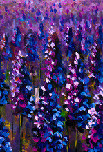 Purple Flowers Close-up Art Backgroud Lavender Lupine Field Painting Landscape Artwork Illustration