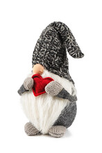 Handmade Elf Toy Dressed In Gray Knitted Cap With Red Heart In Hands Isolated On White Background.