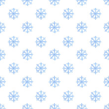 Seamless Pattern With Watercolor Snowflakes Of Blue Color. White Background With Small Snow Figures. Winter Sample Polka Dot Ornament For Fabric, Textiles, Wallpaper, Packaging, Print