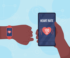 Poster - Tracking heart rate with devices flat color vector illustration. Monitoring pulse for fitness. Looking on smartwatch and mobile phone screen 2D cartoon first view hand with abstract background
