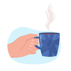 Poster - Hold blue cup of aromatic americano 2D vector isolated illustration. Hot beverage. Taking mug with coffee flat first view hand on cartoon background. Warm drink for cold weather colourful scene